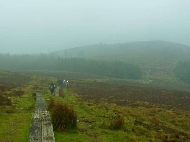 12時19分。下りの道を辿っていくと、途中でたまに　ささ〜っと霧が動いて、少し周りが見えます。まだ登ってくる人たちもいましたよ。　A la descente, des fois on voit un peu autour...  12h19.